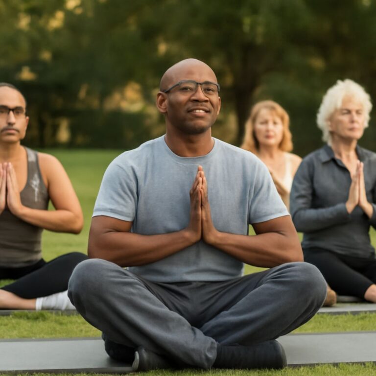 older adults practicing yoga poses and push ups