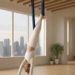 Practicing yoga lunge with aerial yoga stand and yoga swing stand