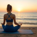 Practicing yoga on the beach with beautiful ocean view