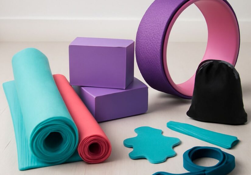 Yoga equipment list featuring mats and a yoga ball pump
