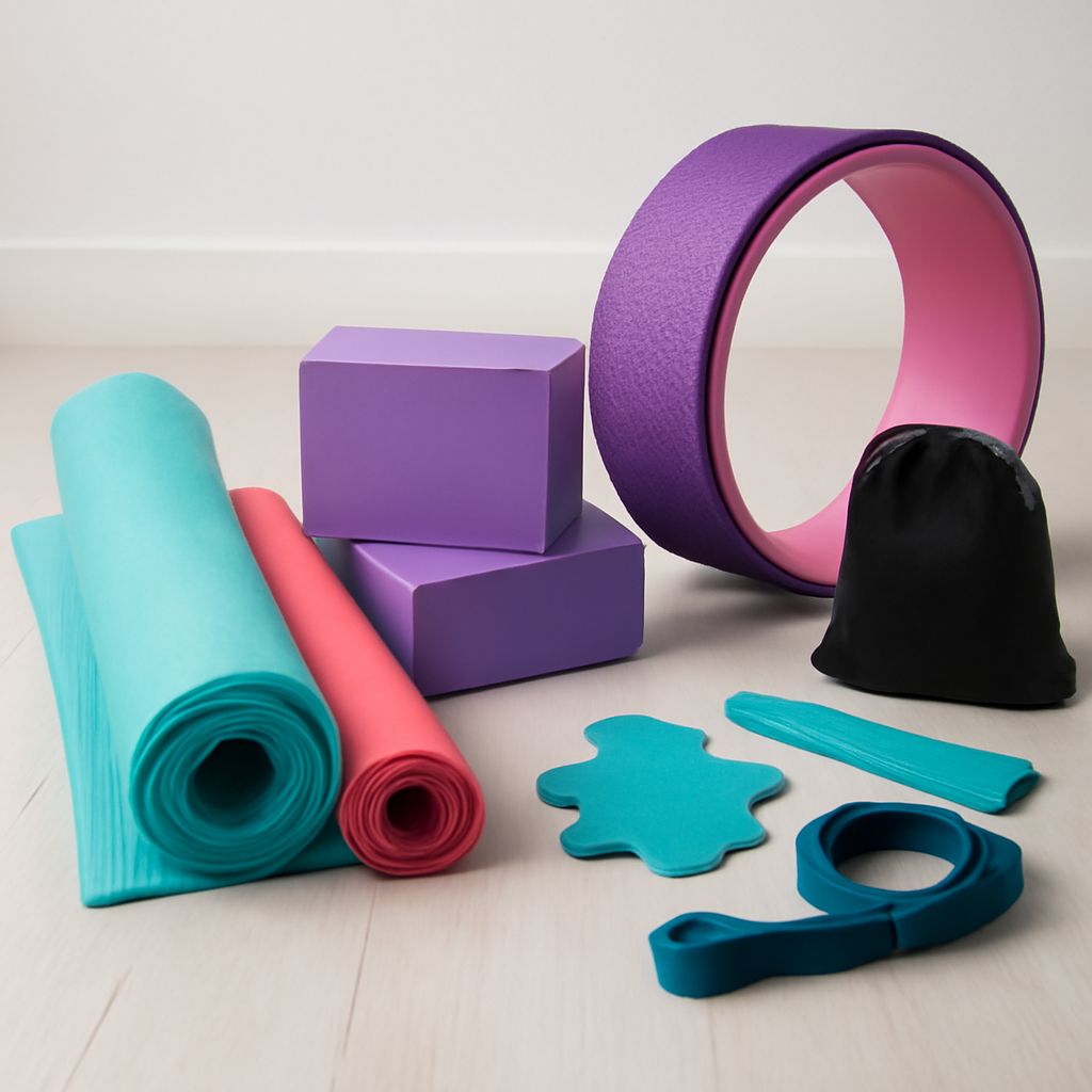 Yoga equipment list featuring mats and a yoga ball pump