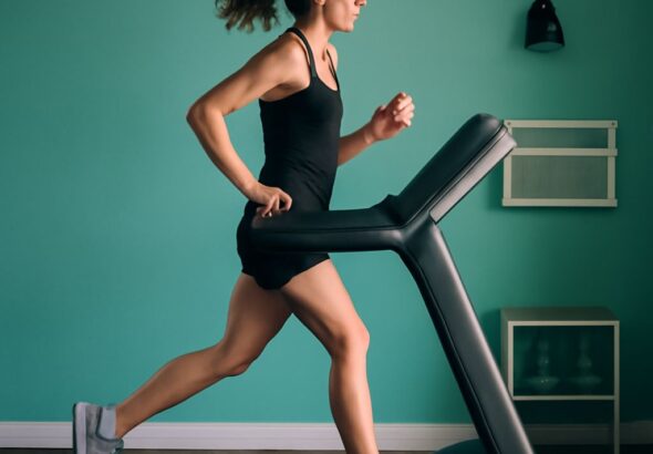 Interval training on treadmill with barbell french press