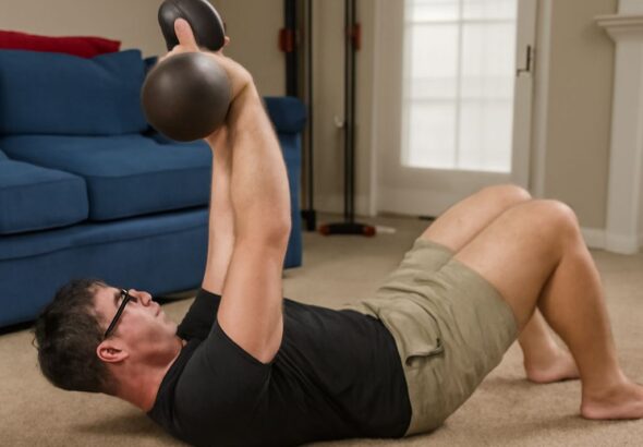 Demonstrating kettlebell floor press and kettlebell chest exercises