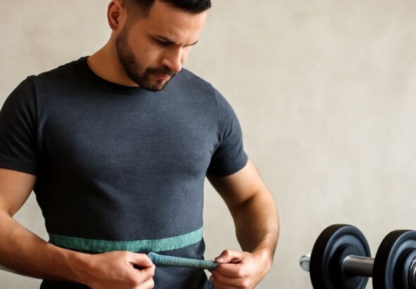 Barbell calculator and Swiss barbell in a workout