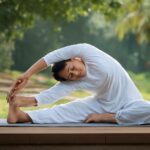 Latina in yoga pants practicing gajakesari yoga with yoga statues