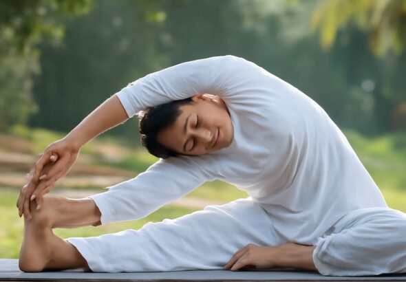 Latina in yoga pants practicing gajakesari yoga with yoga statues